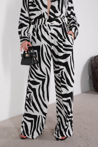 TKM-03432 Siyah Beyaz Zebra Desen Gömlek Salaş Pantolon İkili Takım - Thumbnail