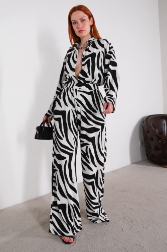 TKM-03432 Siyah Beyaz Zebra Desen Gömlek Salaş Pantolon İkili Takım - Thumbnail