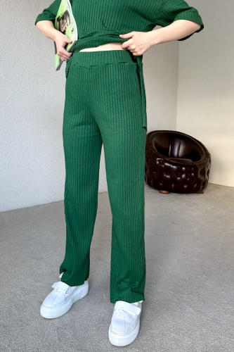 TKM-03433 Yeşil Kaşkorse Kumaş Salaş Tişört Pantolon İkili Takım - Thumbnail