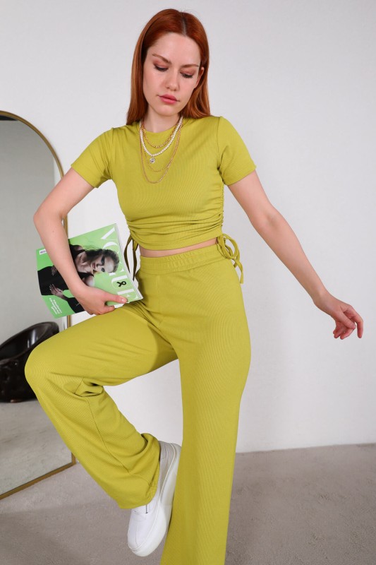 TKM-03434 Açık Yeşil Büzgülü Bluz Bel Lastikli Pantolon Kaşkorse Kumaş İkili Takım