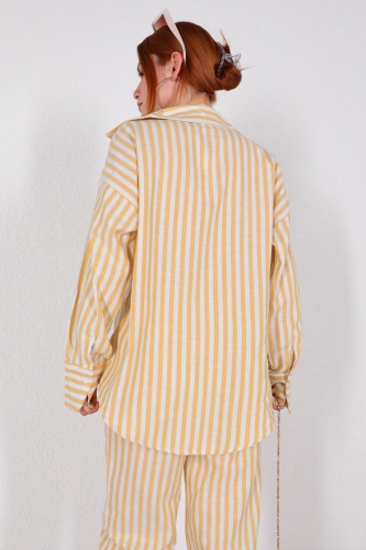 TKM-03436 Sarı Dikey Çizgili Gömlek Pantolon İkili Takım - Thumbnail