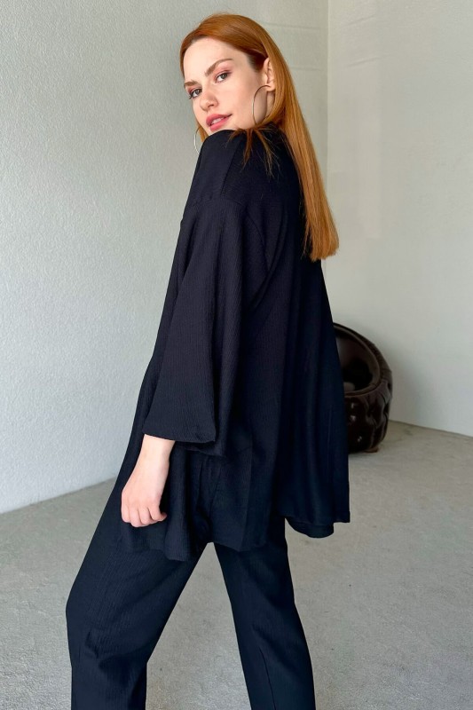 TKM-03438 Siyah Kimono Lastikli Pantolon İkili Takım