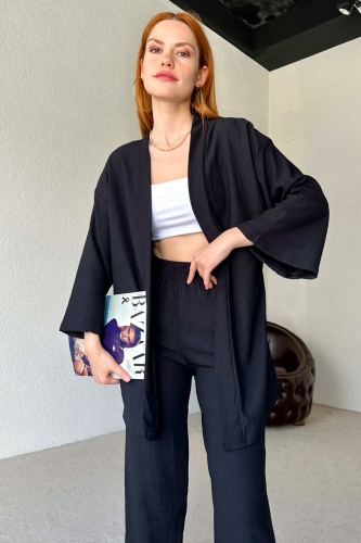 TKM-03438 Siyah Kimono Lastikli Pantolon İkili Takım - Thumbnail