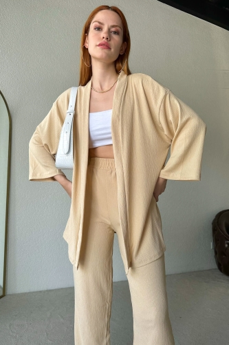 TKM-03438 Taş Rengi Kimono Lastikli Pantolon İkili Takım - Thumbnail