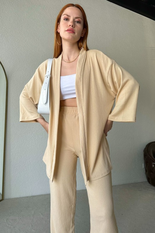 TKM-03438 Taş Rengi Kimono Lastikli Pantolon İkili Takım