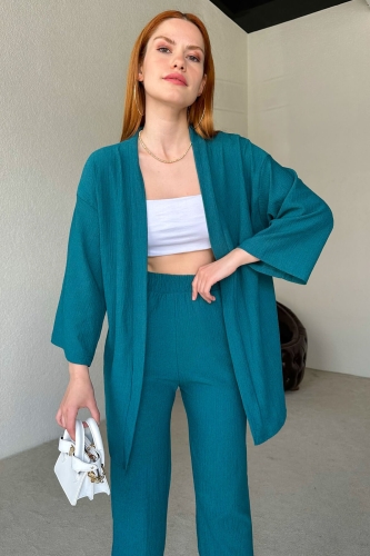 TKM-03438 Zümrüt Yeşili Kimono Lastikli Pantolon İkili Takım - Thumbnail
