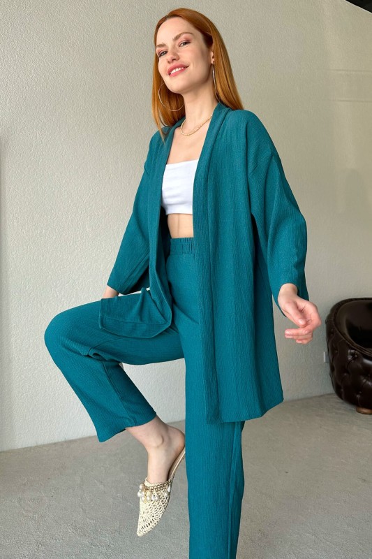 TKM-03438 Zümrüt Yeşili Kimono Lastikli Pantolon İkili Takım
