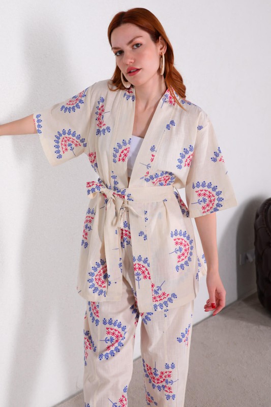 TKM-03440 Fuşya Çiçek Desenli Kuşaklı Kimono Salaş Pantolon Keten İkili Takım