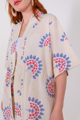 TKM-03440 Fuşya Çiçek Desenli Kuşaklı Kimono Salaş Pantolon Keten İkili Takım - Thumbnail