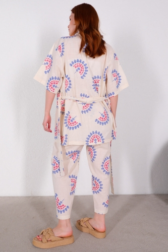 TKM-03440 Fuşya Çiçek Desenli Kuşaklı Kimono Salaş Pantolon Keten İkili Takım - Thumbnail