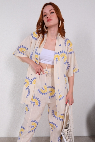 TKM-03440 Sarı Çiçek Desenli Kuşaklı Kimono Salaş Pantolon Keten İkili Takım - Thumbnail
