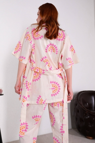TKM-03440 Turuncu Çiçek Desenli Kuşaklı Kimono Salaş Pantolon Keten İkili Takım - Thumbnail
