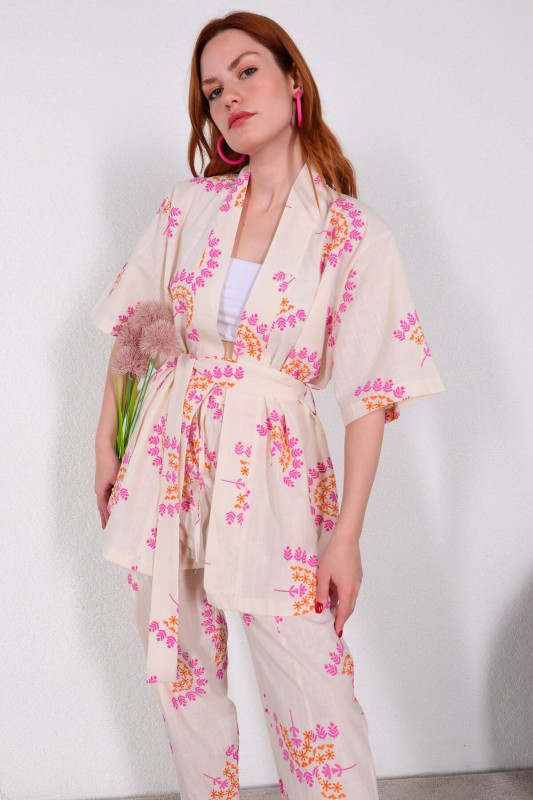 TKM-03440 Turuncu Çiçek Desenli Kuşaklı Kimono Salaş Pantolon Keten İkili Takım