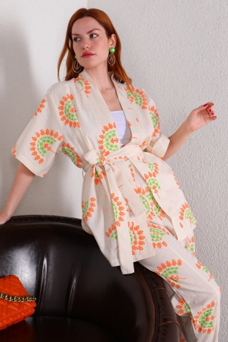 TKM-03440 Yeşil Çiçek Desenli Kuşaklı Kimono Salaş Pantolon Keten İkili Takım - Thumbnail