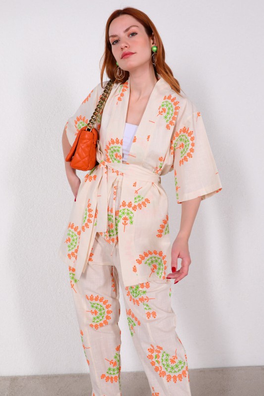 TKM-03440 Yeşil Çiçek Desenli Kuşaklı Kimono Salaş Pantolon Keten İkili Takım