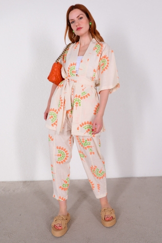 TKM-03440 Yeşil Çiçek Desenli Kuşaklı Kimono Salaş Pantolon Keten İkili Takım - Thumbnail