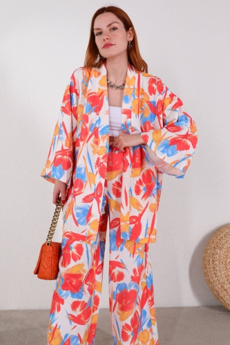 TKM-03443 Kırmızı Fırça Desen Kimono Pantolon Keten Kumaş İkili Takım - Thumbnail