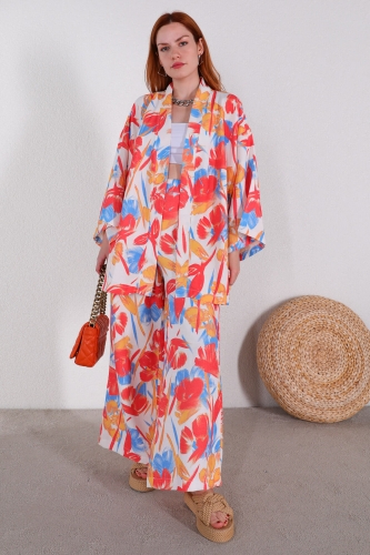 TKM-03443 Kırmızı Fırça Desen Kimono Pantolon Keten Kumaş İkili Takım - Thumbnail