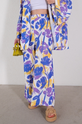 TKM-03443 Mavi Fırça Desen Kimono Pantolon Keten Kumaş İkili Takım - Thumbnail