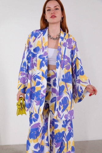 TKM-03443 Mavi Fırça Desen Kimono Pantolon Keten Kumaş İkili Takım - Thumbnail
