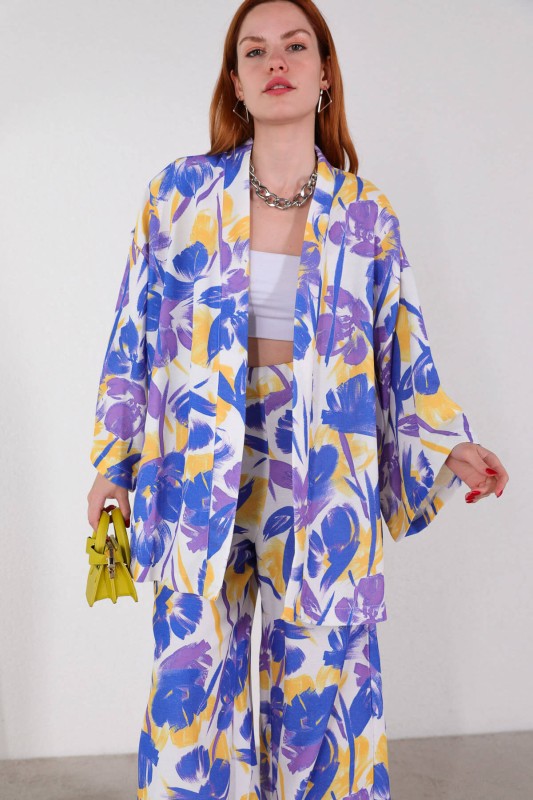 TKM-03443 Mavi Fırça Desen Kimono Pantolon Keten Kumaş İkili Takım