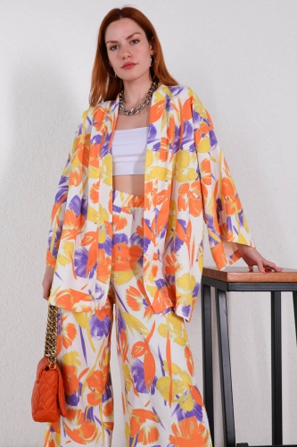 TKM-03443 Turuncu Fırça Desen Kimono Pantolon Keten Kumaş İkili Takım - Thumbnail