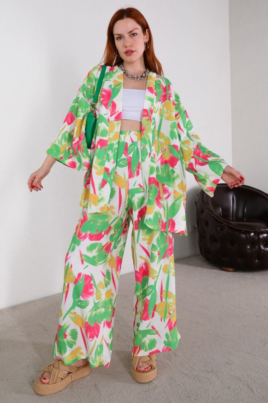 TKM-03443 Yeşil Fırça Desen Kimono Pantolon Keten Kumaş İkili Takım