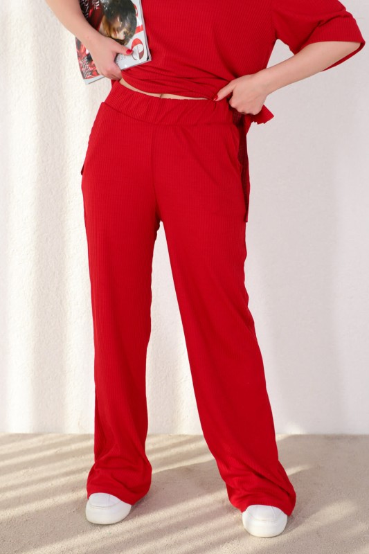TKM-03444 Kırmızı Kaşkorse Kumaş Salaş Tişört Pantolon İkili Takım