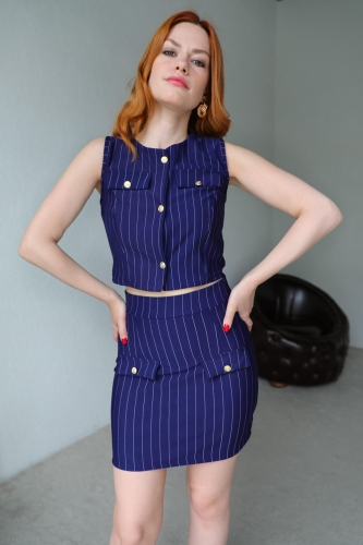 TKM-03446 Saks Mavisi Çizgili Düğmeli Bluz Cepli Etek İkili Takım - 7