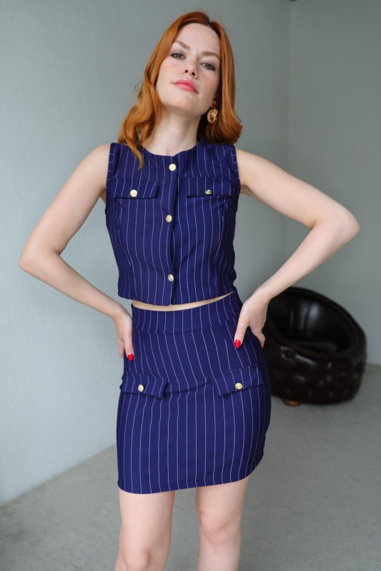 TKM-03446 Saks Mavisi Çizgili Düğmeli Bluz Cepli Etek İkili Takım - 7