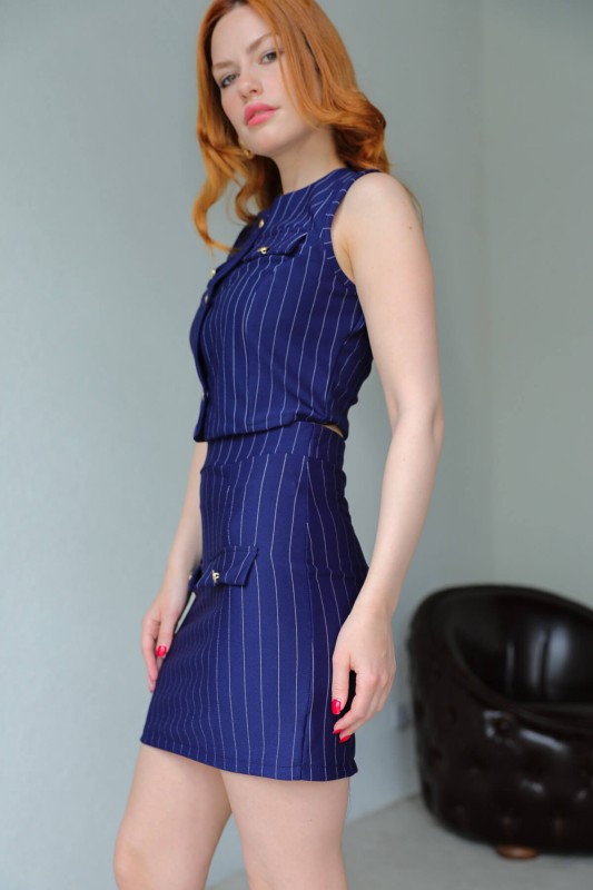 TKM-03446 Saks Mavisi Çizgili Düğmeli Bluz Cepli Etek İkili Takım - 4