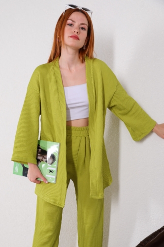 TKM-03448 Fıstık Yeşili Kimono Bel Lastikli Pantolon Örme Bürümcük Kumaş İkili Takım - Thumbnail