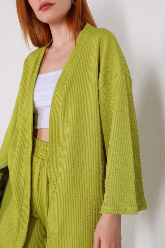 TKM-03448 Fıstık Yeşili Kimono Bel Lastikli Pantolon Örme Bürümcük Kumaş İkili Takım
