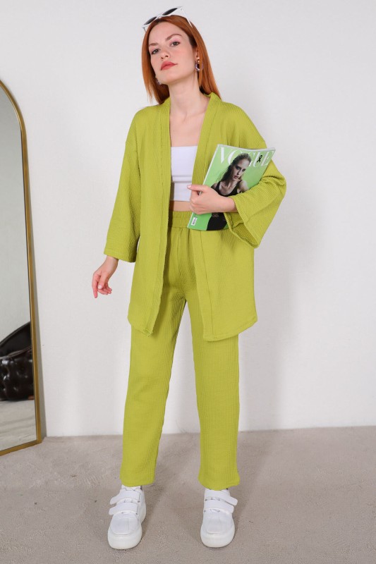 TKM-03448 Fıstık Yeşili Kimono Bel Lastikli Pantolon Örme Bürümcük Kumaş İkili Takım