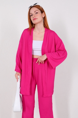 TKM-03448 Fuşya Kimono Bel Lastikli Pantolon Örme Bürümcük Kumaş İkili Takım - Thumbnail