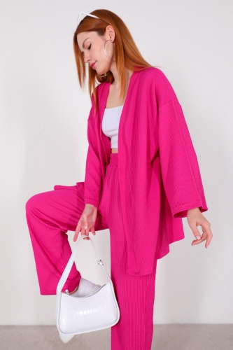 TKM-03448 Fuşya Kimono Bel Lastikli Pantolon Örme Bürümcük Kumaş İkili Takım - Thumbnail