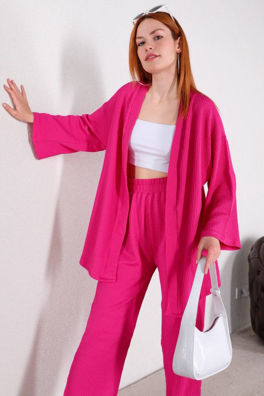 TKM-03448 Fuşya Kimono Bel Lastikli Pantolon Örme Bürümcük Kumaş İkili Takım