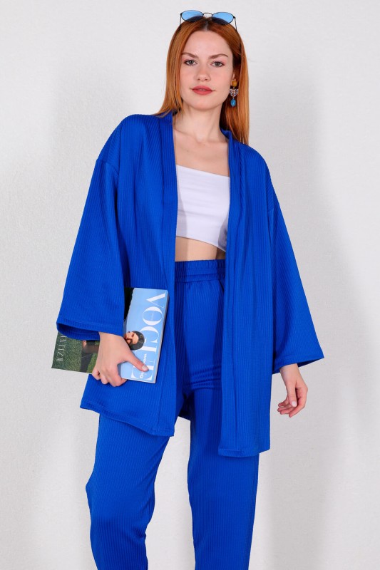 TKM-03448 Saks Mavisi Kimono Bel Lastikli Pantolon Örme Bürümcük Kumaş İkili Takım