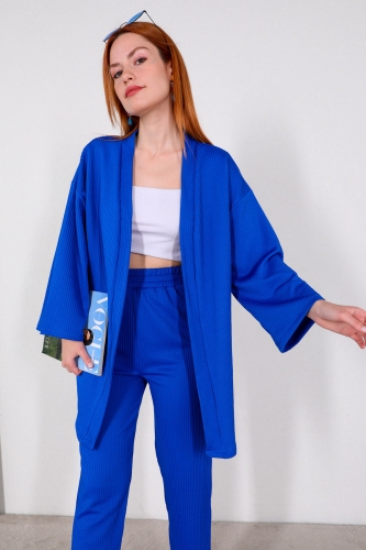 TKM-03448 Saks Mavisi Kimono Bel Lastikli Pantolon Örme Bürümcük Kumaş İkili Takım - Thumbnail