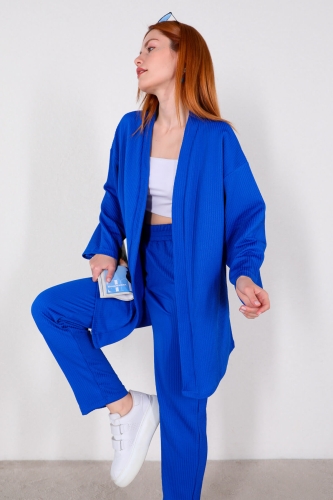 TKM-03448 Saks Mavisi Kimono Bel Lastikli Pantolon Örme Bürümcük Kumaş İkili Takım - Thumbnail