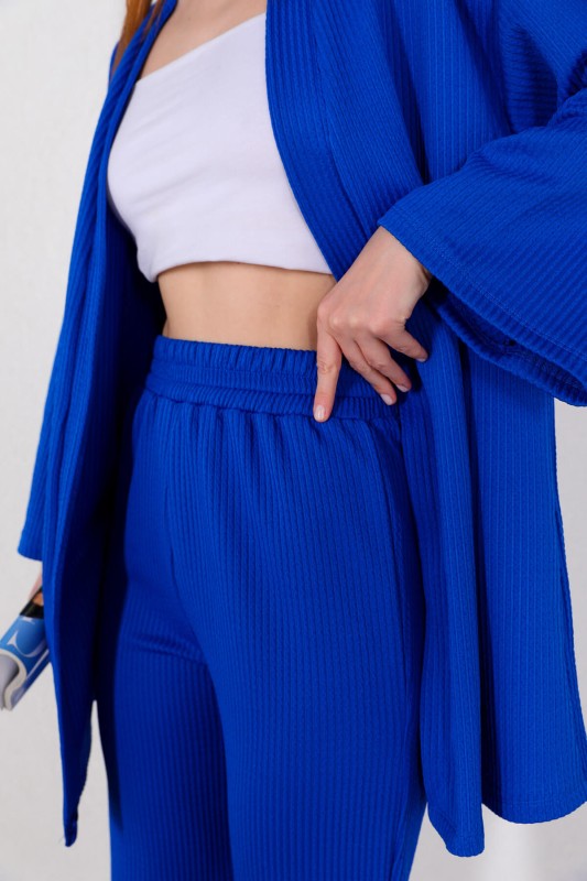 TKM-03448 Saks Mavisi Kimono Bel Lastikli Pantolon Örme Bürümcük Kumaş İkili Takım