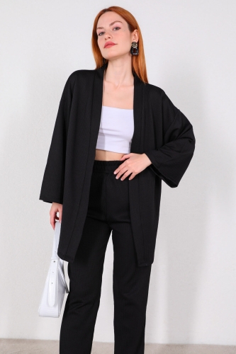 Cappmoda - TKM-03448 Siyah Kimono Bel Lastikli Pantolon Örme Bürümcük Kumaş İkili Takım (1)