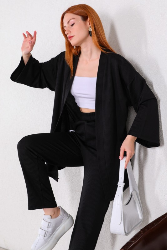 TKM-03448 Siyah Kimono Bel Lastikli Pantolon Örme Bürümcük Kumaş İkili Takım