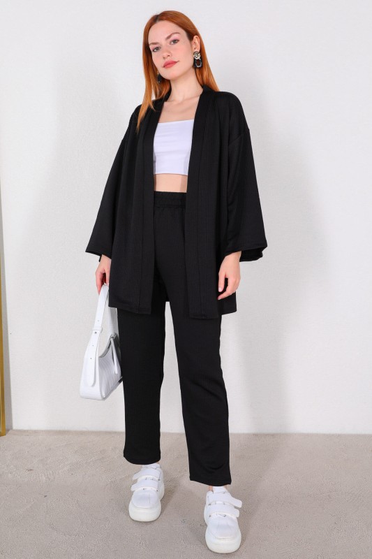 TKM-03448 Siyah Kimono Bel Lastikli Pantolon Örme Bürümcük Kumaş İkili Takım