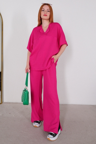 TKM-03449 Fuşya V Yaka Bluz Pantolon Örme Bürümcük Kumaş İkili Takım - 1