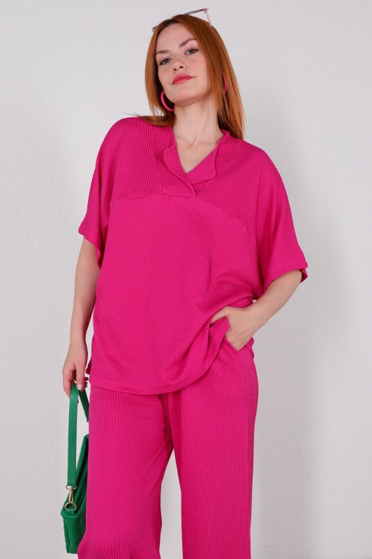 TKM-03449 Fuşya V Yaka Bluz Pantolon Örme Bürümcük Kumaş İkili Takım - 3