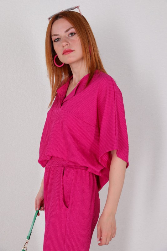 TKM-03449 Fuşya V Yaka Bluz Pantolon Örme Bürümcük Kumaş İkili Takım - 6