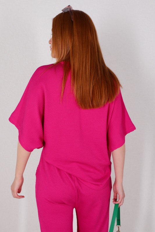 TKM-03449 Fuşya V Yaka Bluz Pantolon Örme Bürümcük Kumaş İkili Takım - 7
