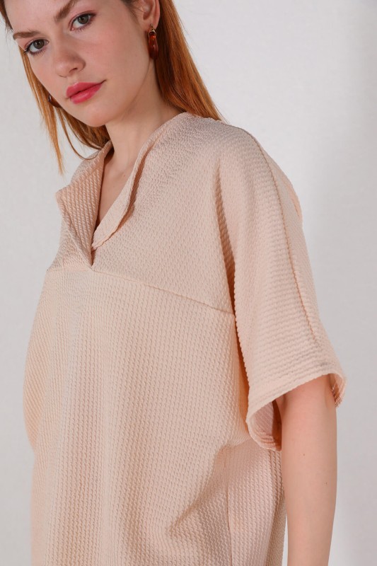TKM-03449 Krem V Yaka Bluz Pantolon Örme Bürümcük Kumaş İkili Takım - 6
