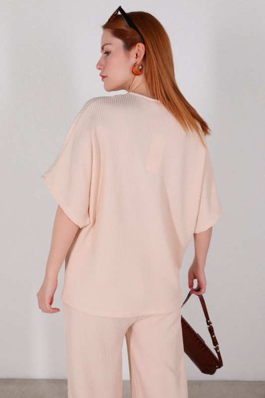 TKM-03449 Krem V Yaka Bluz Pantolon Örme Bürümcük Kumaş İkili Takım - 7